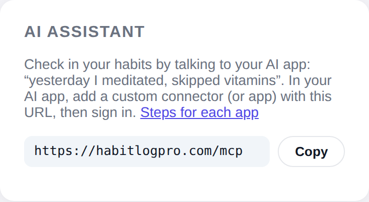 Settings with the connector URL and connected AI apps