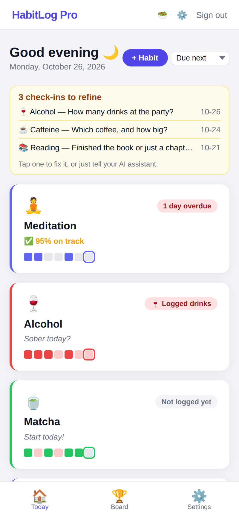 The dashboard with today's habits checked in
